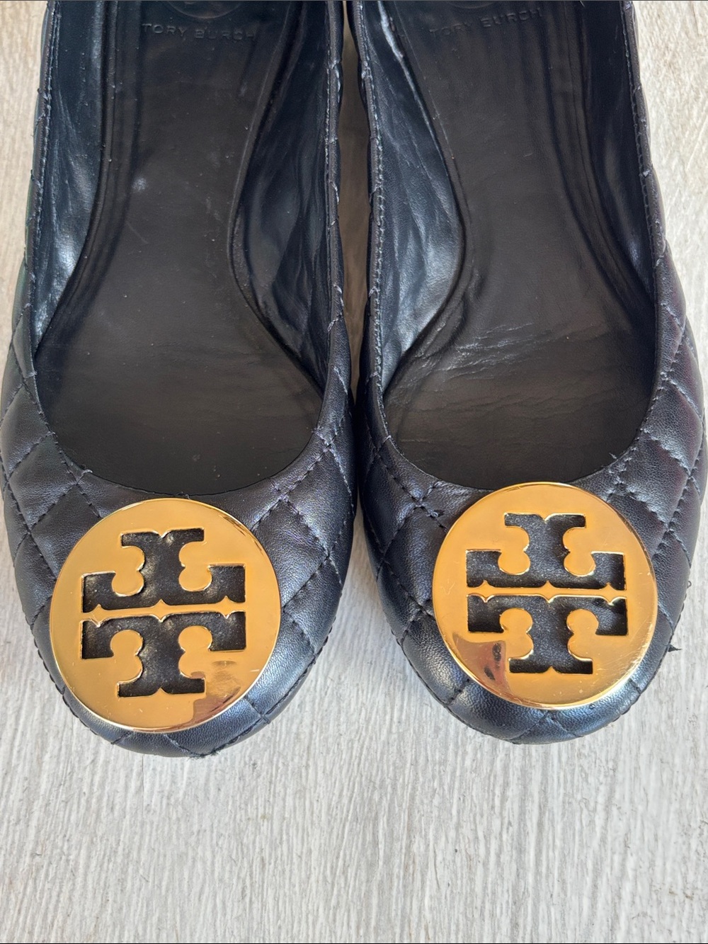 Tory Burch Black Quilted Leather Flats with Gold Logo Discs